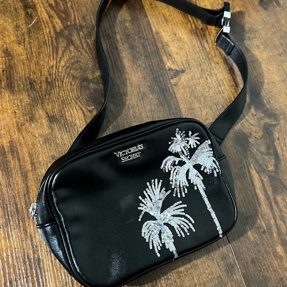 Victoria's Secret Black Belt Bag with Silver Palm Design